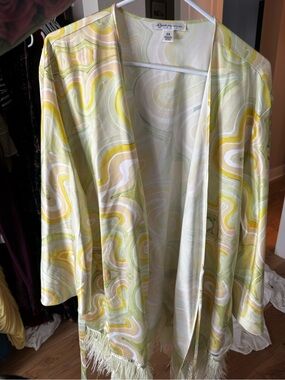 Lightweight Swirl Fringe Robe - Yellow Green Print